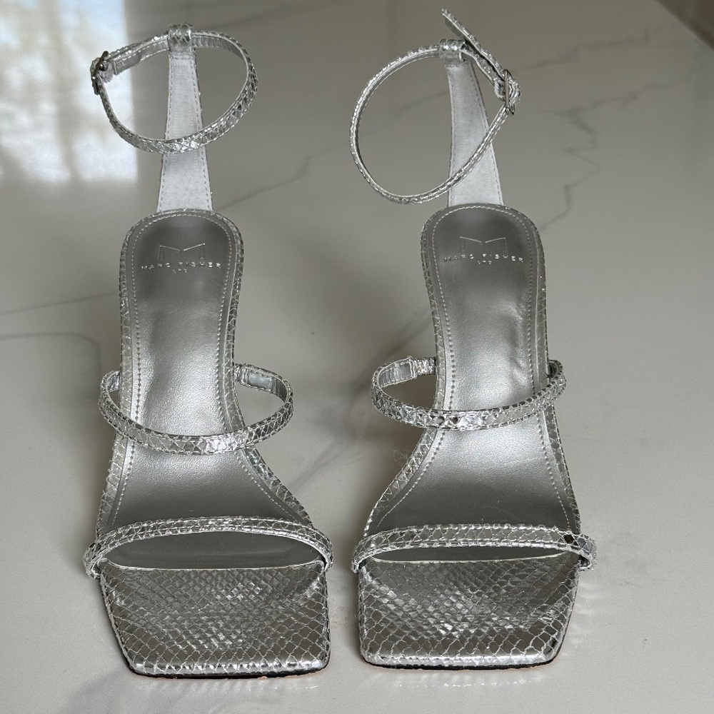 Marc Fisher Silver Strappy Snake-Embossed Heeled Sandals